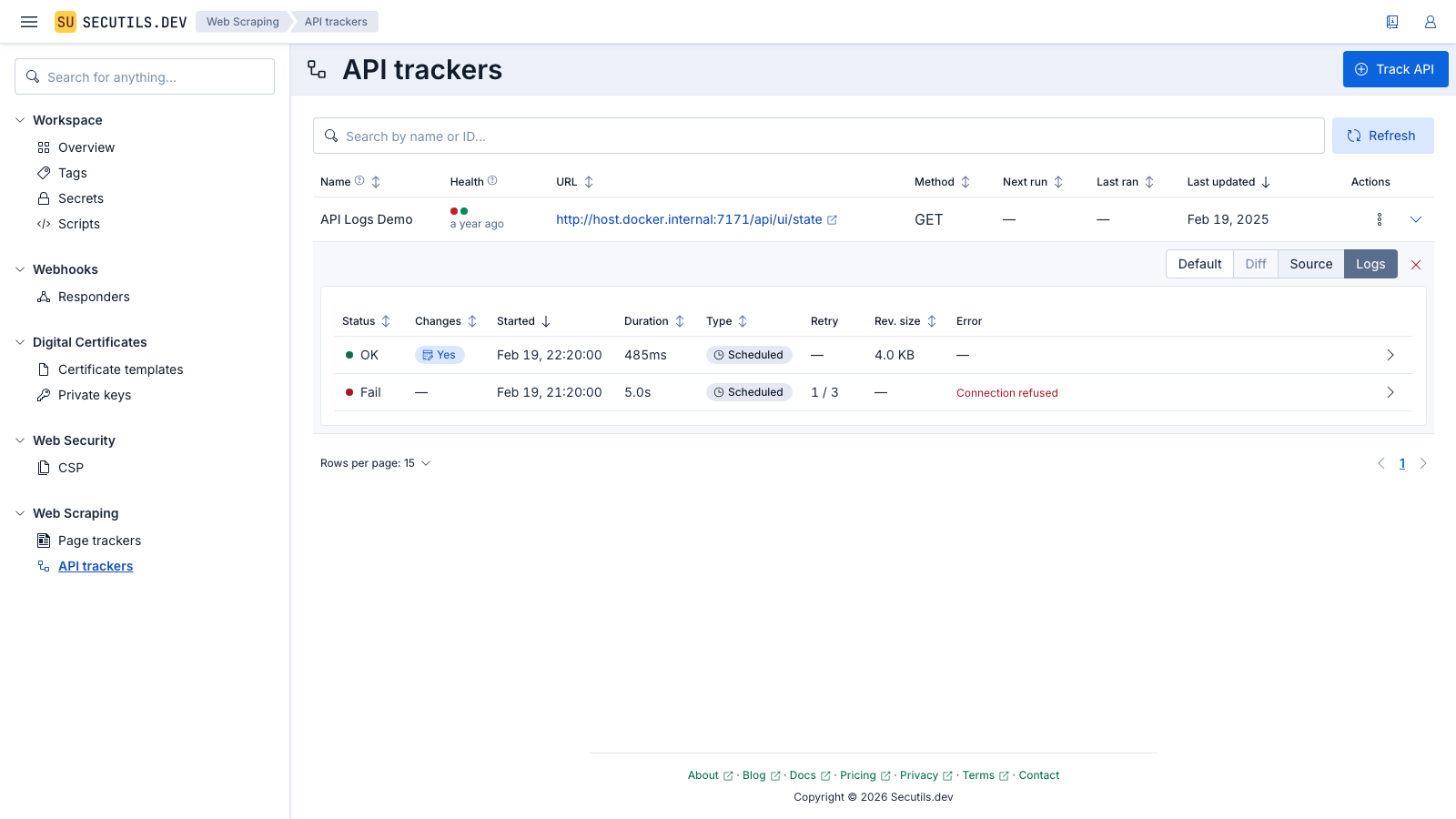 Secutils.dev - API tracker execution logs