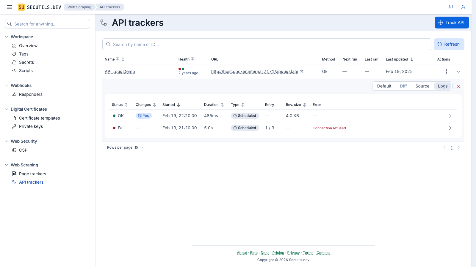 Secutils.dev - API tracker execution logs