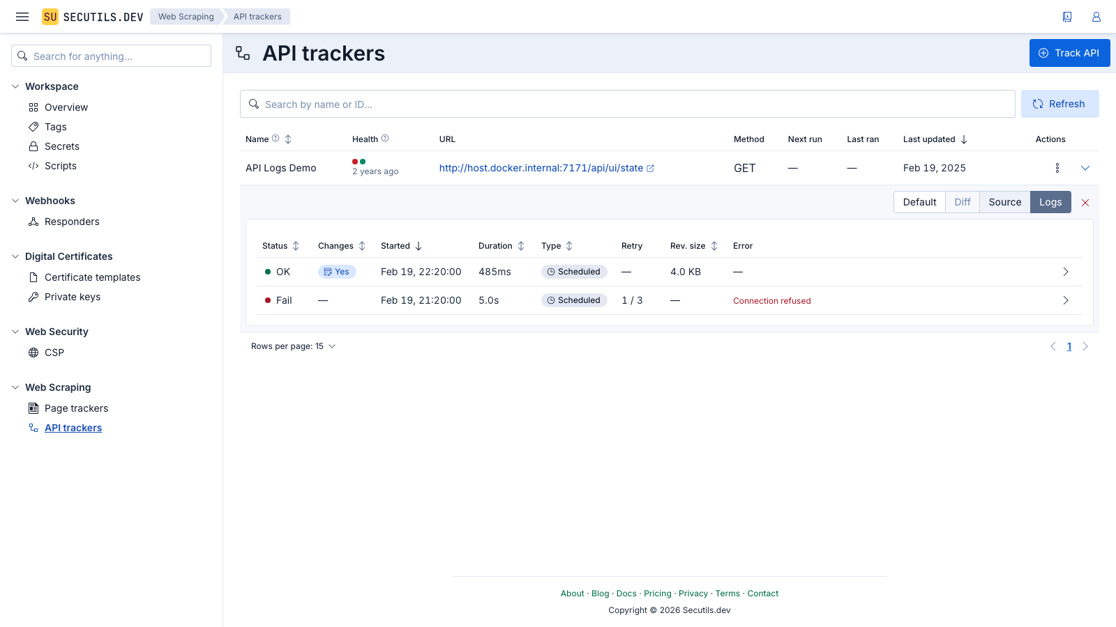 Secutils.dev - API tracker execution logs