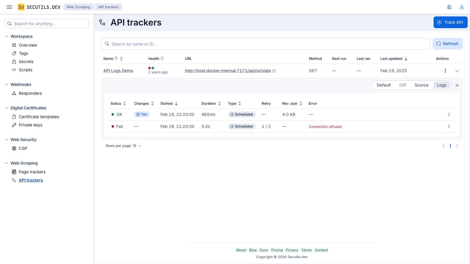 Secutils.dev - API tracker execution logs