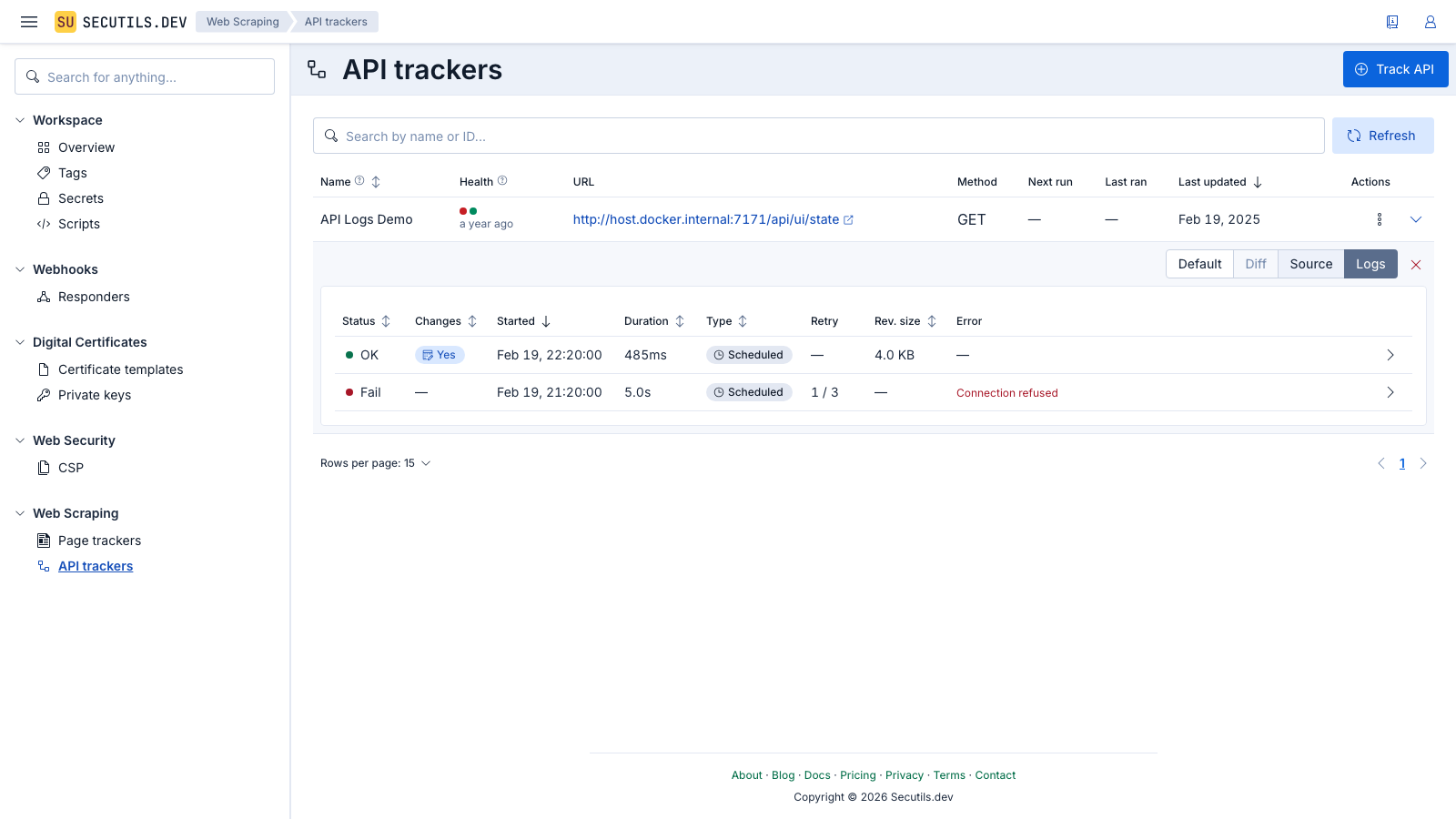 Secutils.dev - API tracker execution logs