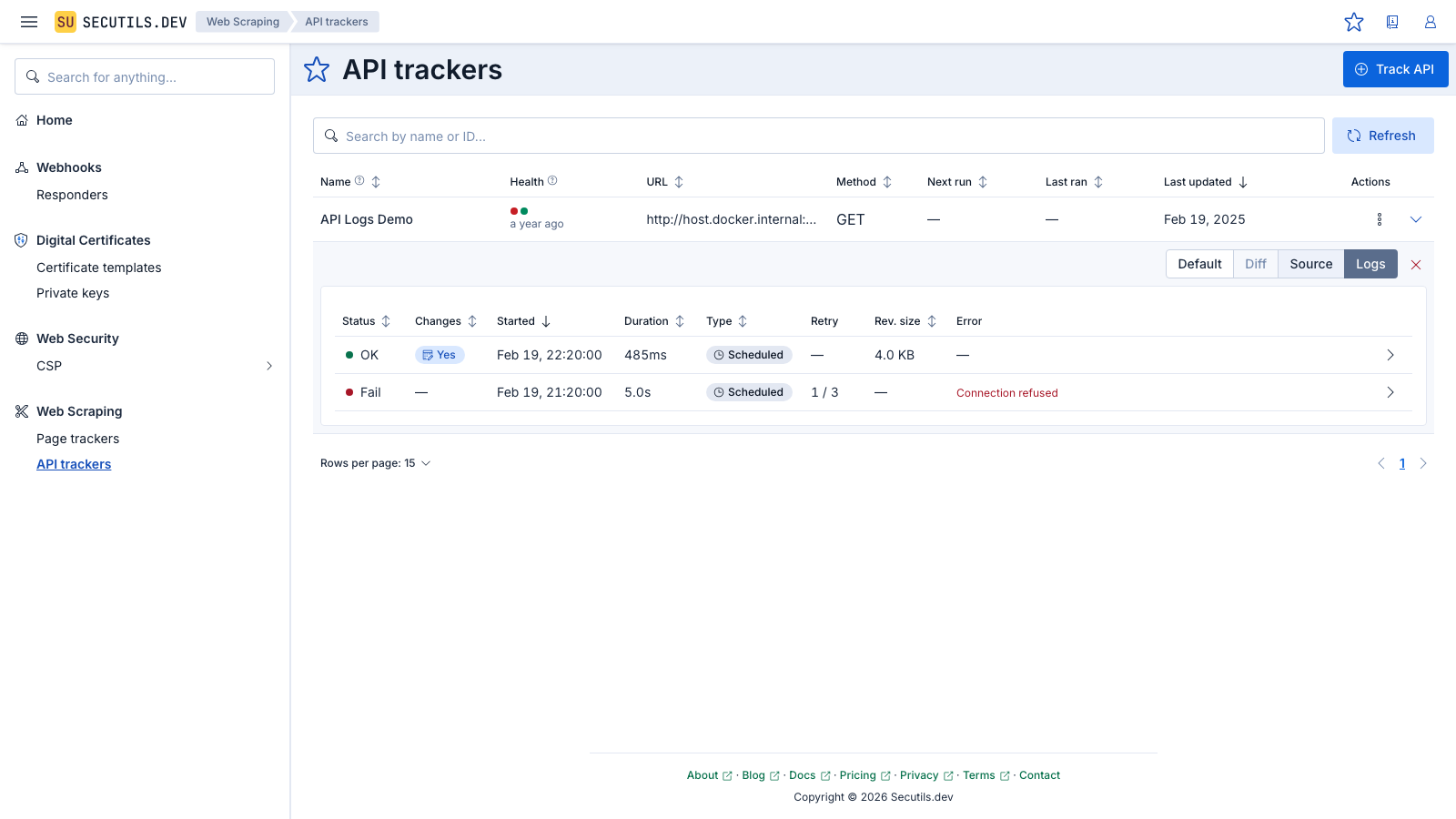 Secutils.dev - API tracker execution logs