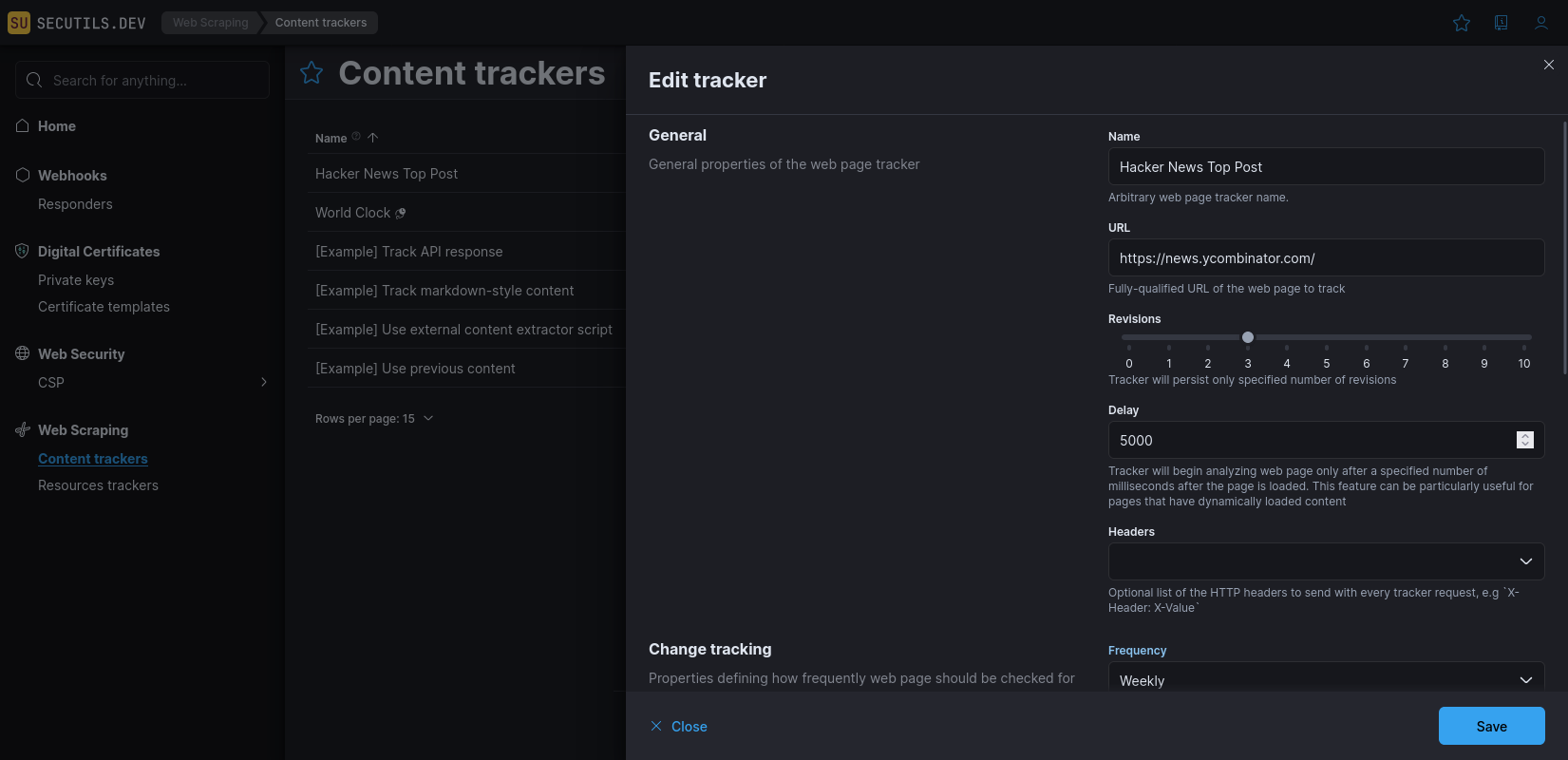 Secutils.dev UI - Content trackers