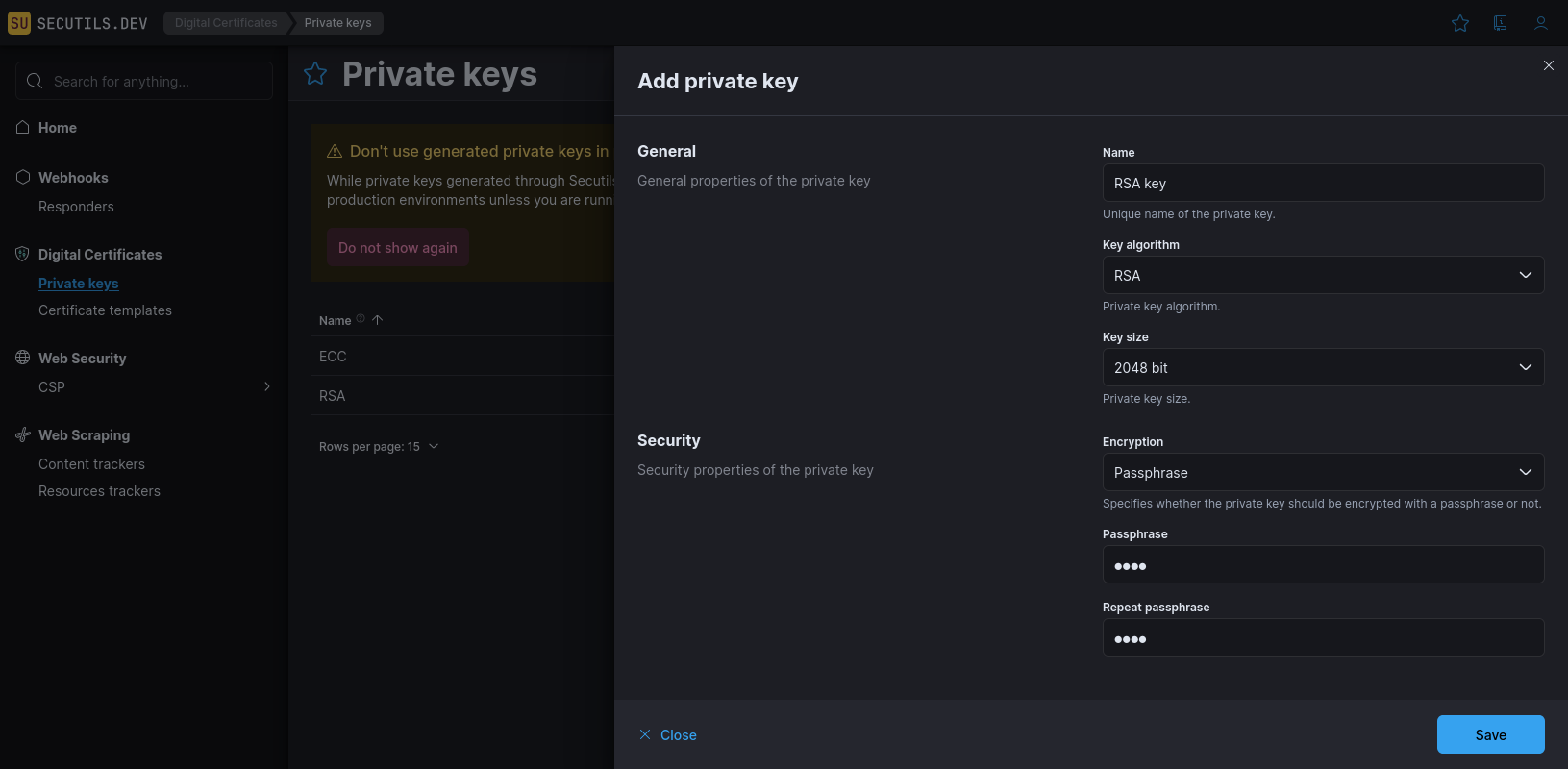 Secutils.dev UI - Private keys