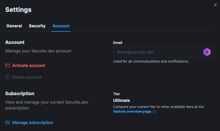 Secutils.dev UI - Account management