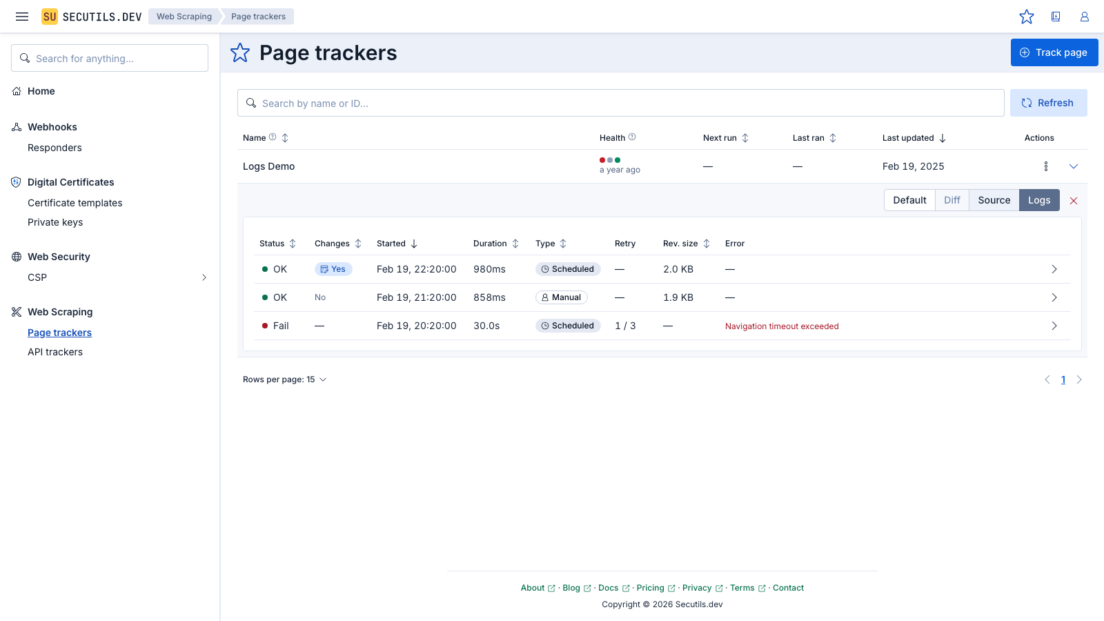 Secutils.dev - Page tracker execution logs