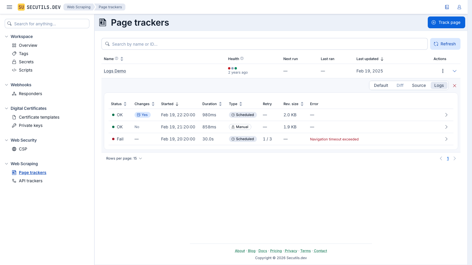 Secutils.dev - Page tracker execution logs