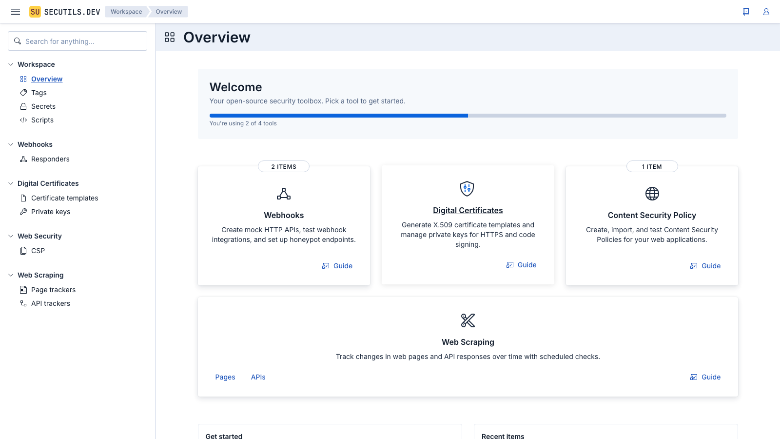 Secutils.dev workspace hub
