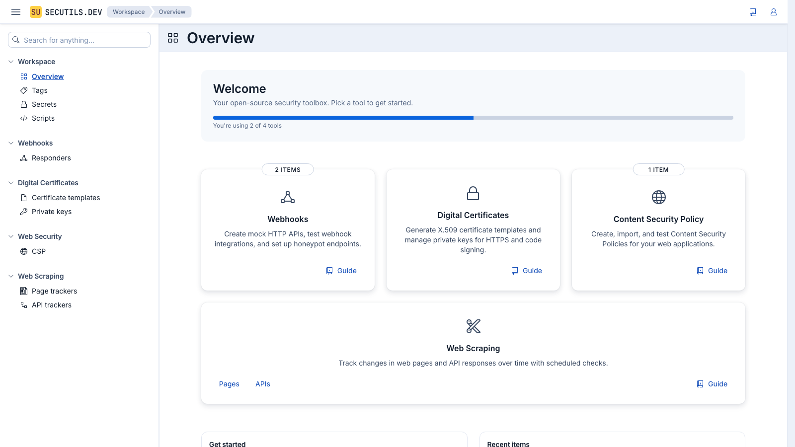 Secutils.dev workspace hub