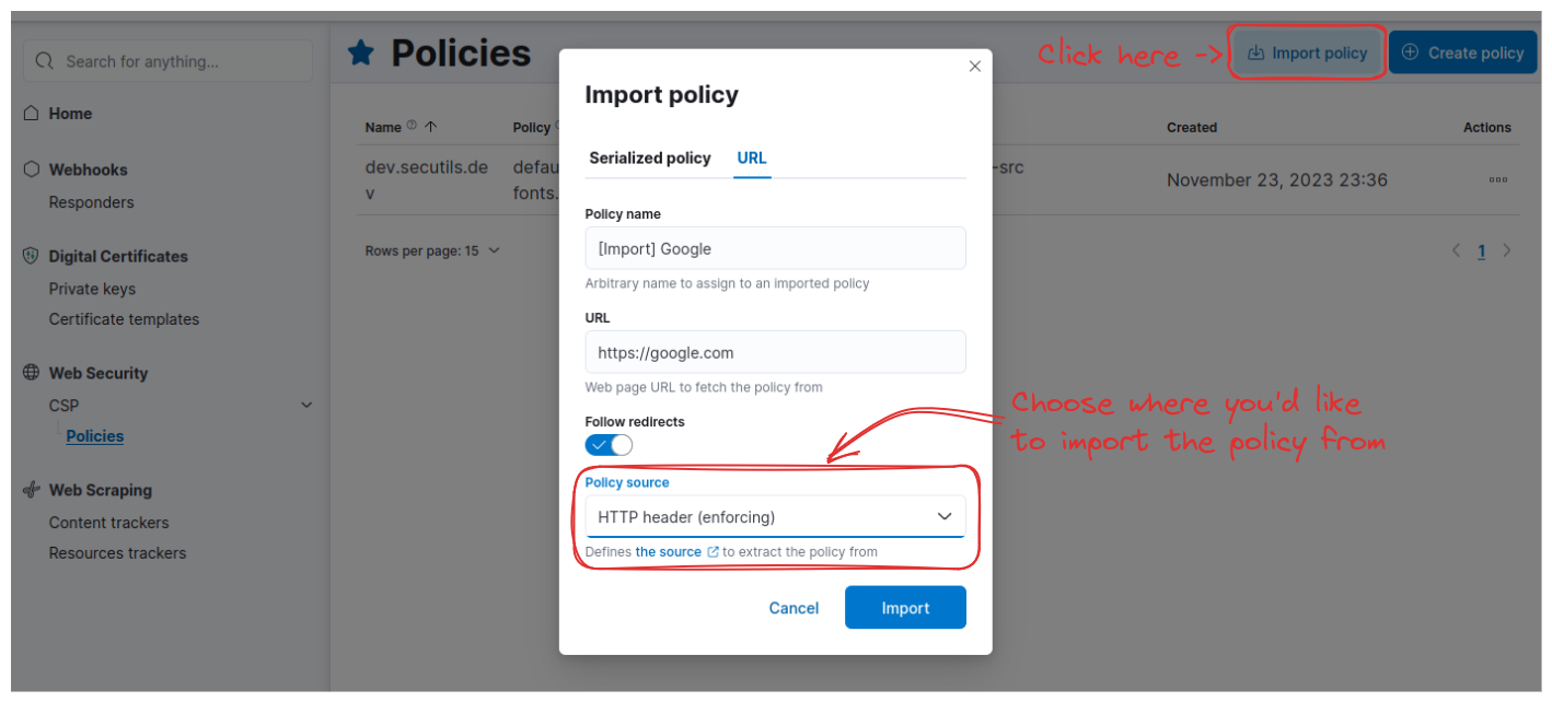 Import CSP dialog