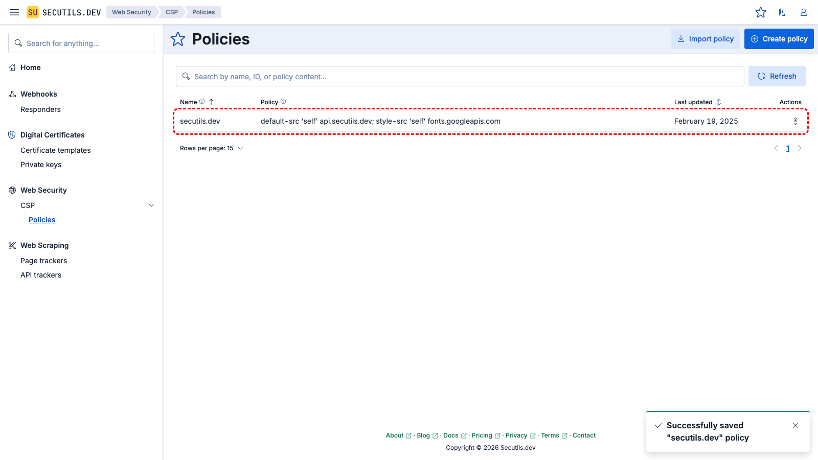 The new policy appears in the grid.