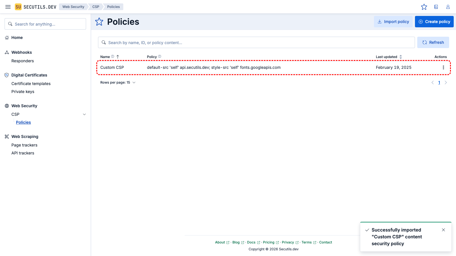 The new policy appears in the grid.