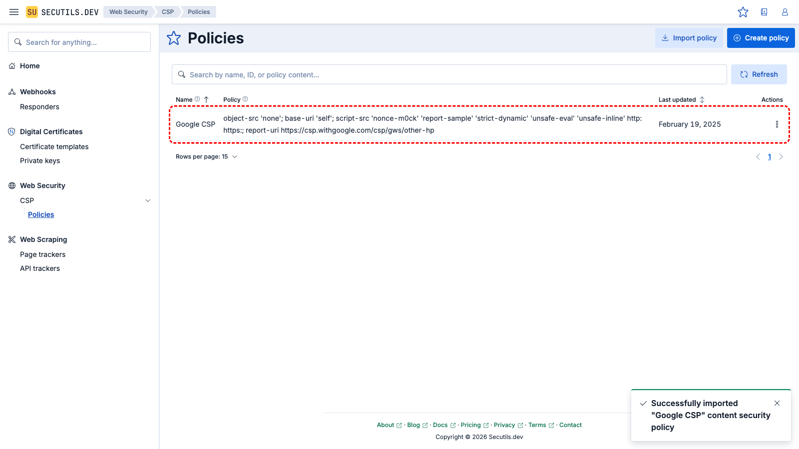 The new policy appears in the grid.