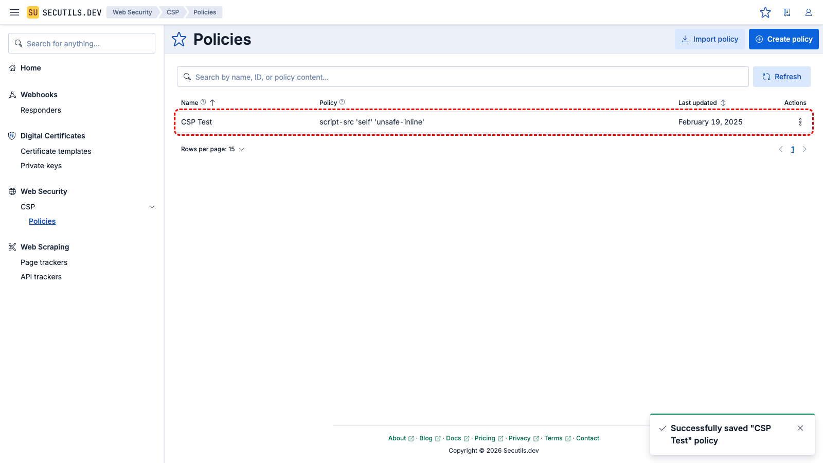 The policy appears in the grid.