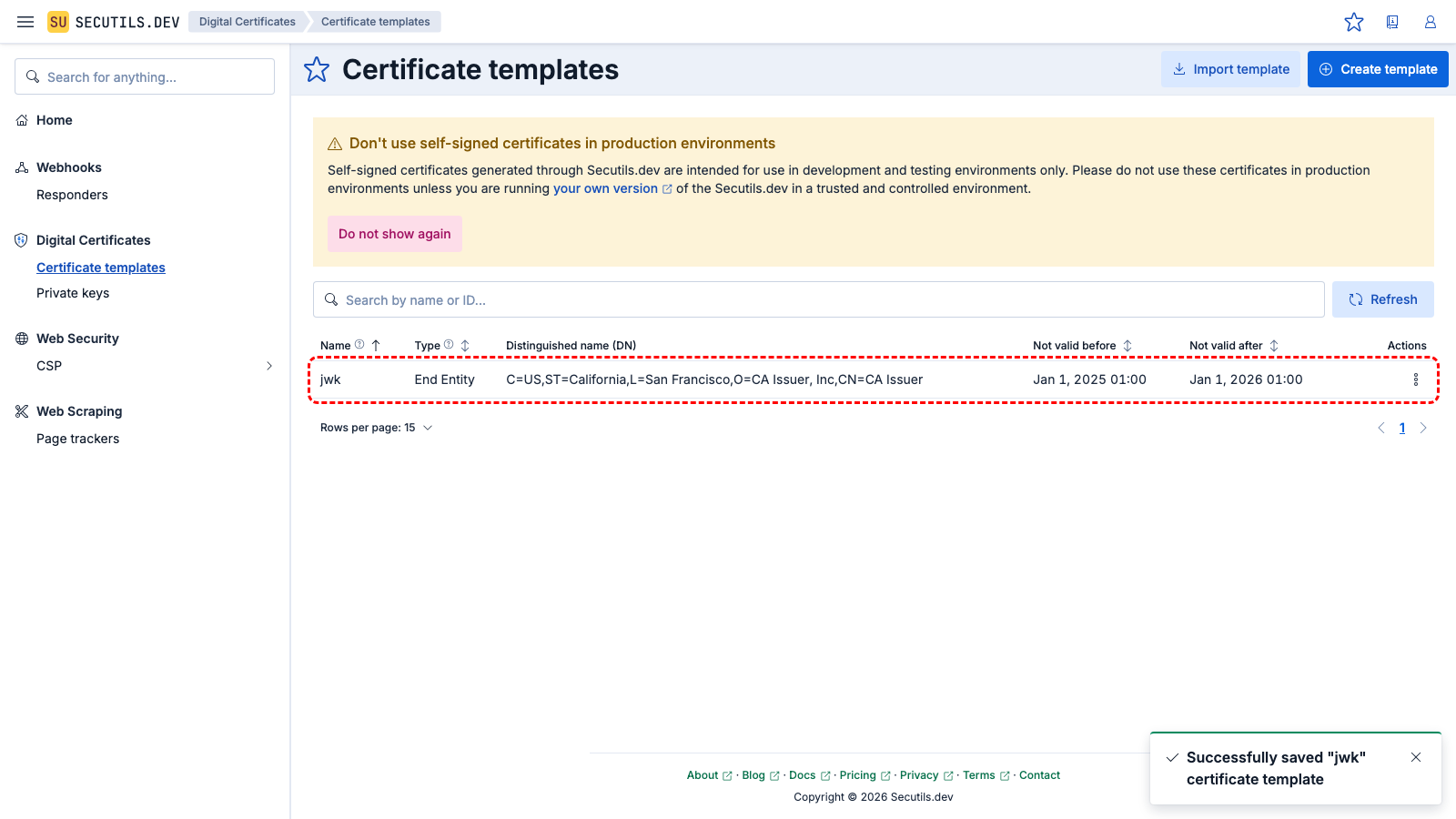 The template appears in the grid.