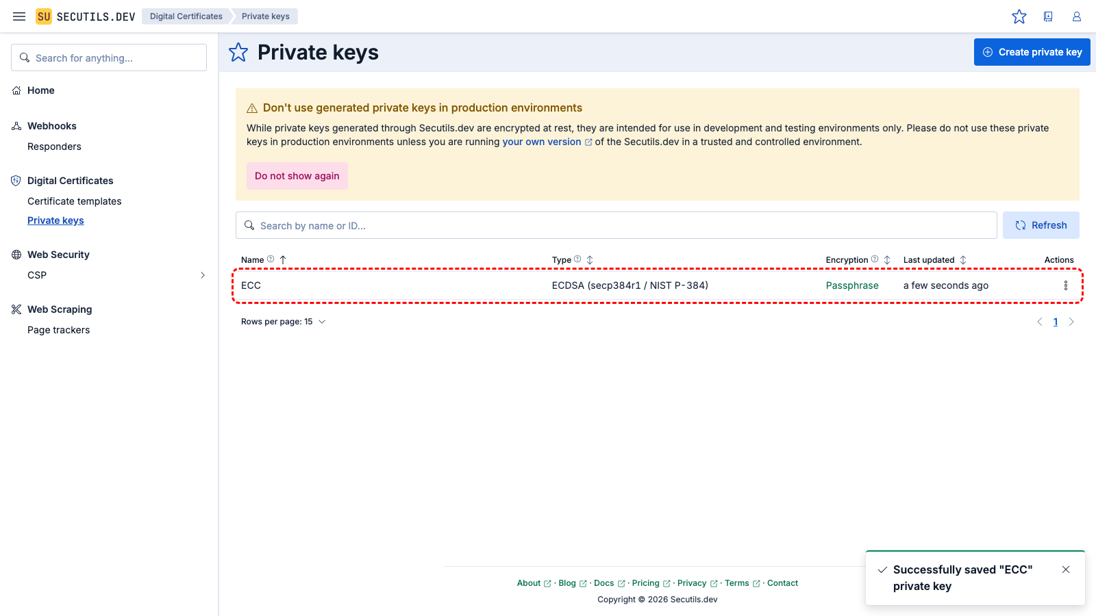 The ECDSA key appears in the grid.