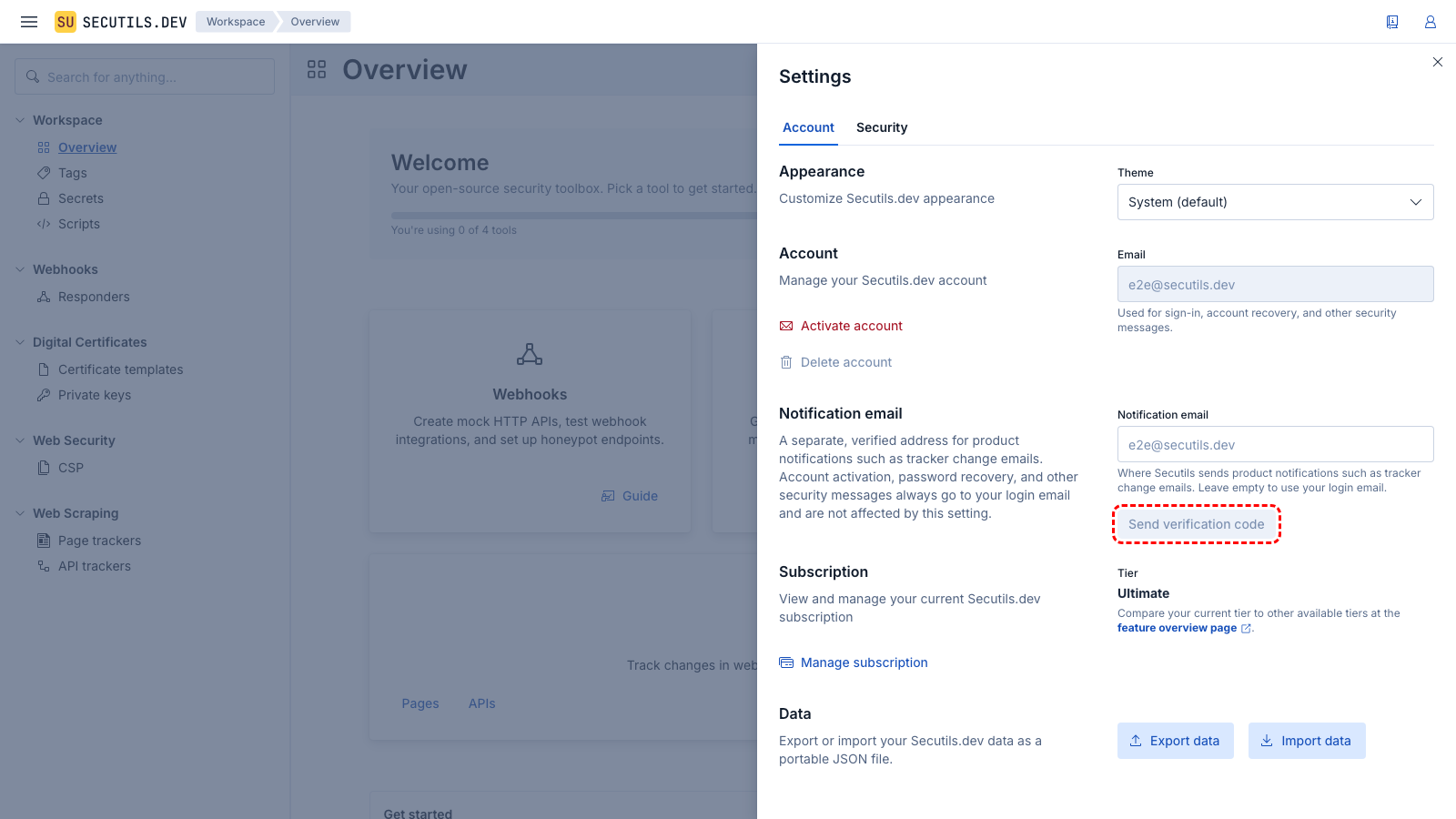 Settings → Account showing the empty Notification email section with the Send verification code button highlighted.