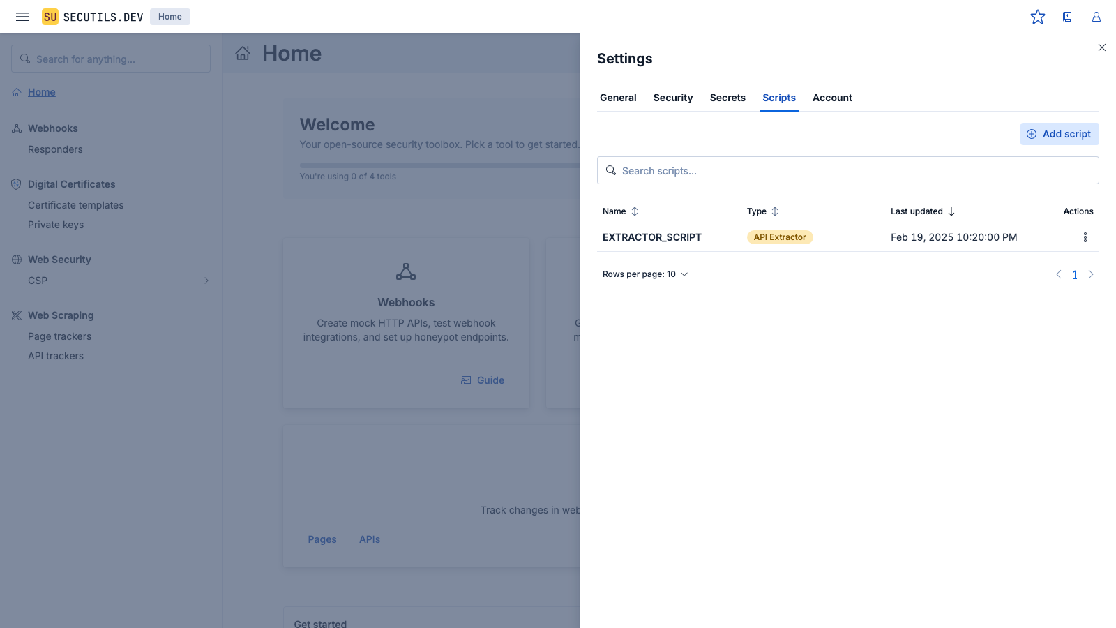 The script appears in the table with its type badge and last-updated timestamp.