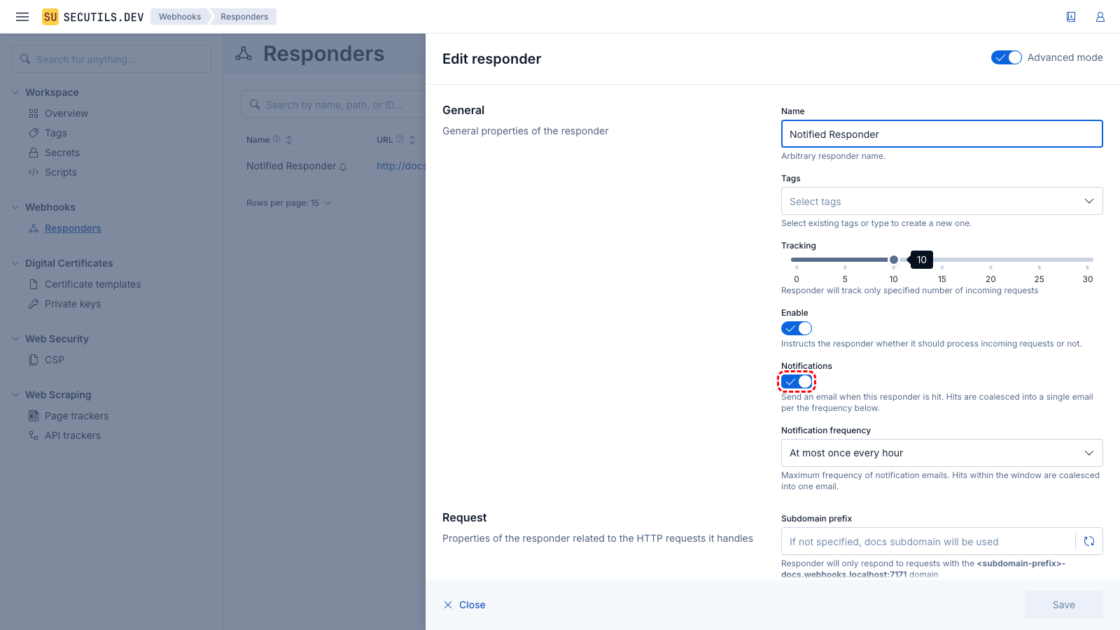 Enable Advanced mode, then enable notifications and choose a notification frequency for the responder.